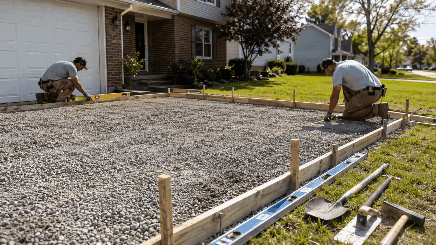 Driveway construction in suburban neighborhood with a concrete company
